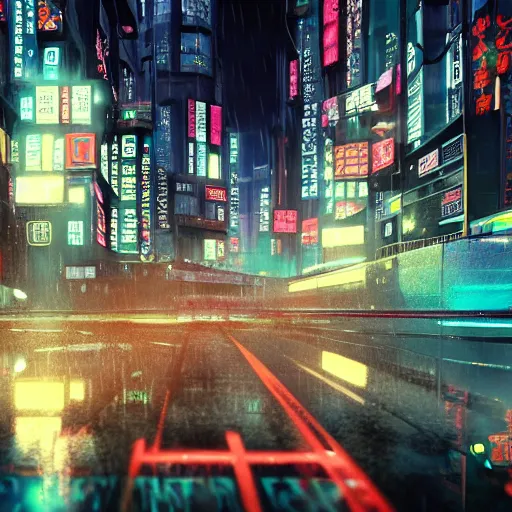 Image similar to “photrealistic 8k render of a cyberpunk anime city in the rain, Ufotable, Kyoto Animation, White Fox”