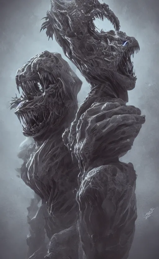 Image similar to full body portrait of of a two headed monster smiley creepily, dynamic lighting, photorealistic, fantasy concept art, ambient lighting, atmospherical, stunning visuals, creative, cinematic, ultra detailed, trending on art station