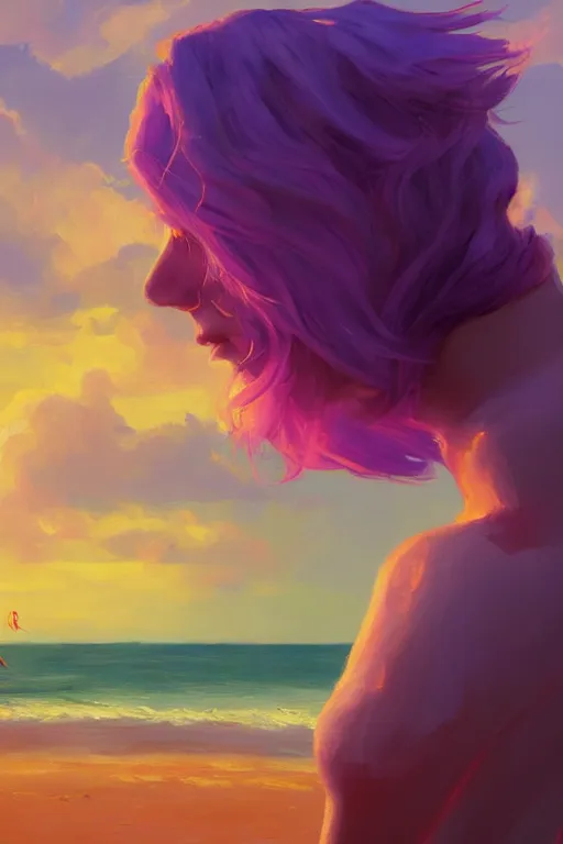 Prompt: closeup, giant lilac head, girl on beach, surreal photography, golden hour, colorful clouds, impressionist painting, digital painting, artstation, simon stalenhag