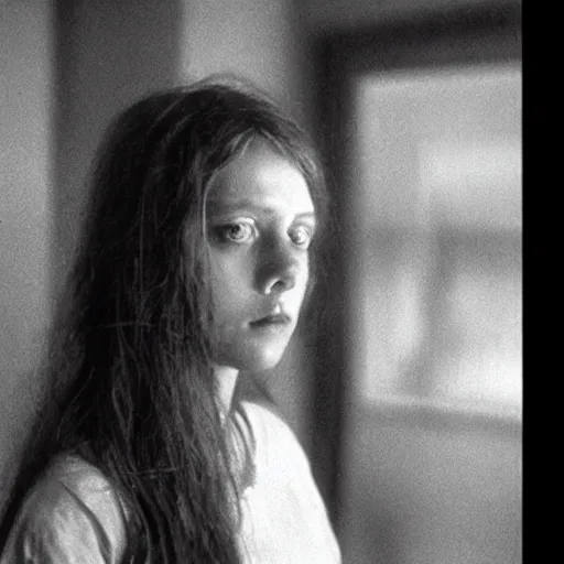 Image similar to film still of a young female dark features, decaying with the thought of her life ahead of her, despondent, waiting in search of some other place, moonlit night, cinematography by sven nykvist