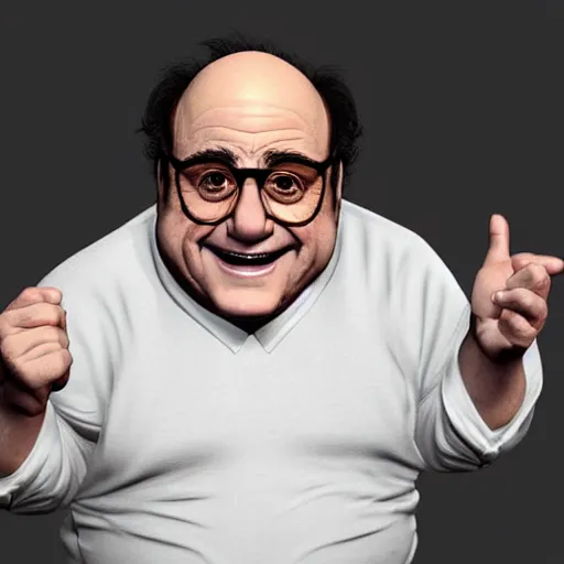 Prompt: digital art of portrait of danny devito, excited facial expression, head - and - shoulders shot, white background, cute pixar character, houdini 3 d render