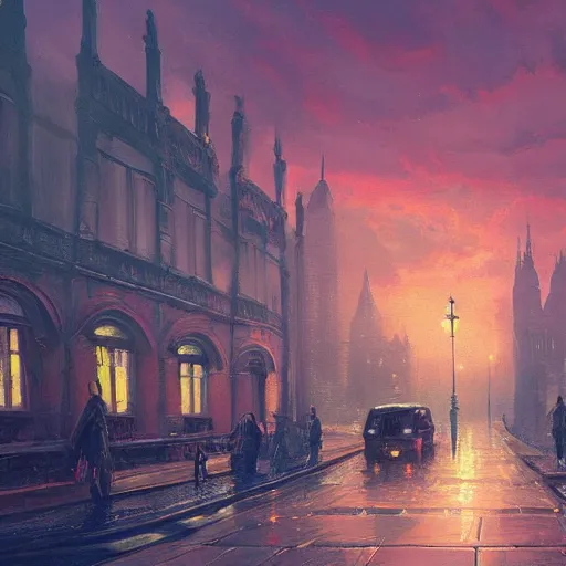 Prompt: a beautiful artwork painting of a mothership above rainy victorian london at sunset, by andreas rocha, featured on artstation