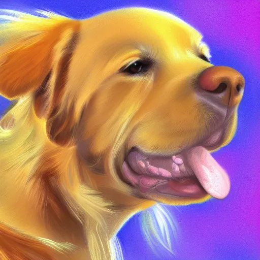 Image similar to a happy golden retriever, colorful digital painting, trending on artstation