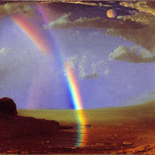 Image similar to rainbow on the moon, landscape, albert bierstadt