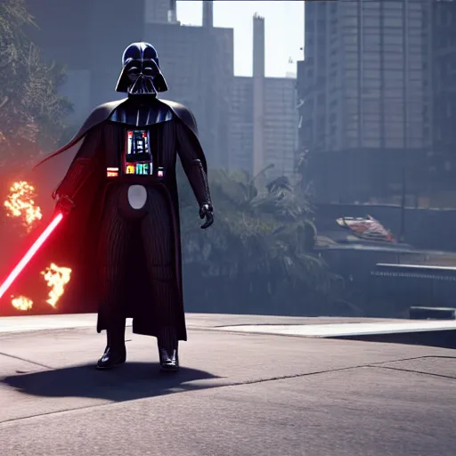 Prompt: in-game screenshot of Darth Vader in GTA V, 3d render, Unreal Engine, octane render, ray tracing, Unity, highly detailed, high quality, HD, 4k, 8k, realistic, sharp, trending