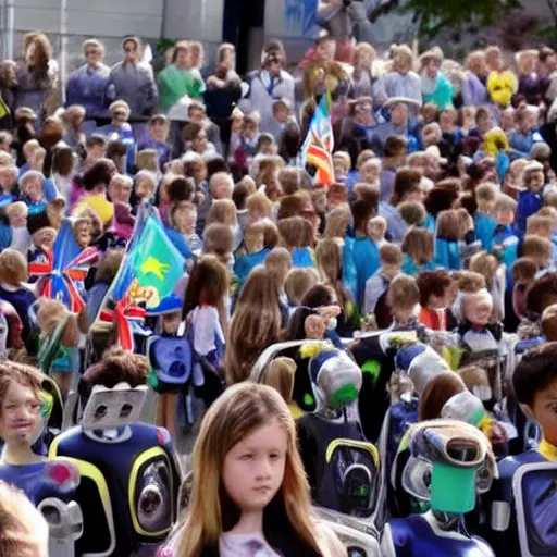 Image similar to robot parade, robots obey what the children say, wave the flag that the robot made