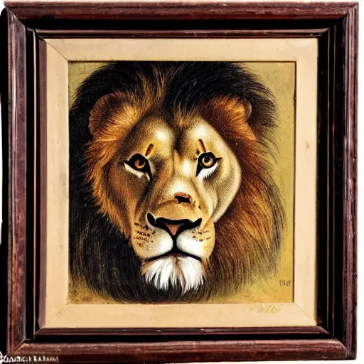 Prompt: lion with red spots above eyes, portrait, 1 9 th century painting