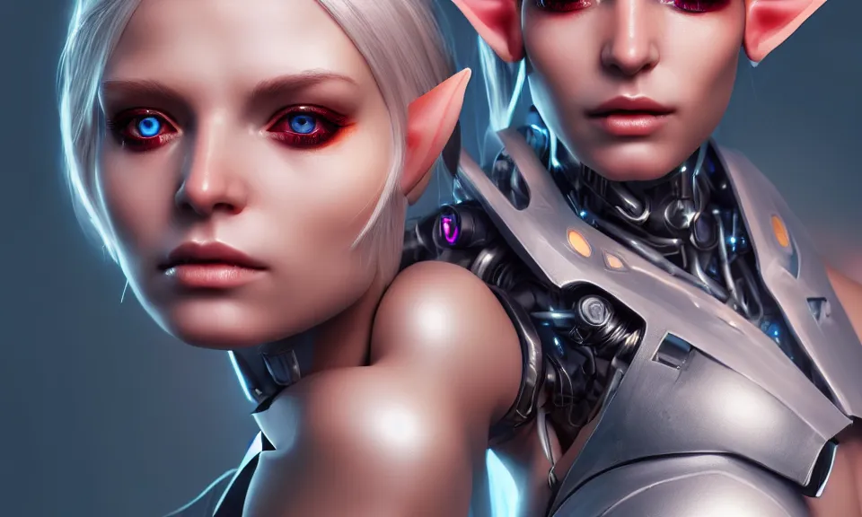 Prompt: portrait of a beautiful female elf with cyborg body ,highly detailed face and eyes, cyberpunk, cgsociety, realistic shaded Perfect face ,featured in cinematic, elegant, ,artstation,illustration, 8k