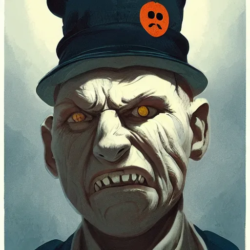 Image similar to scary pumpkin nurse cap, symmetrical face, evil grin, portrait size, cinematic, dramatic, super detailed and intricate, by koson ohara, by darwyn cooke, by greg rutkowski