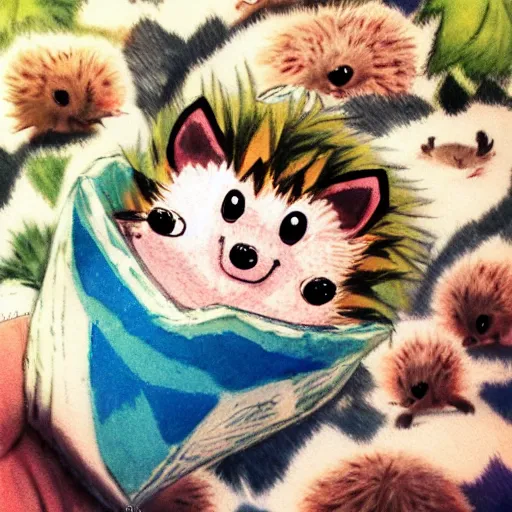 Image similar to baby hedgehogs in the style of cute anime