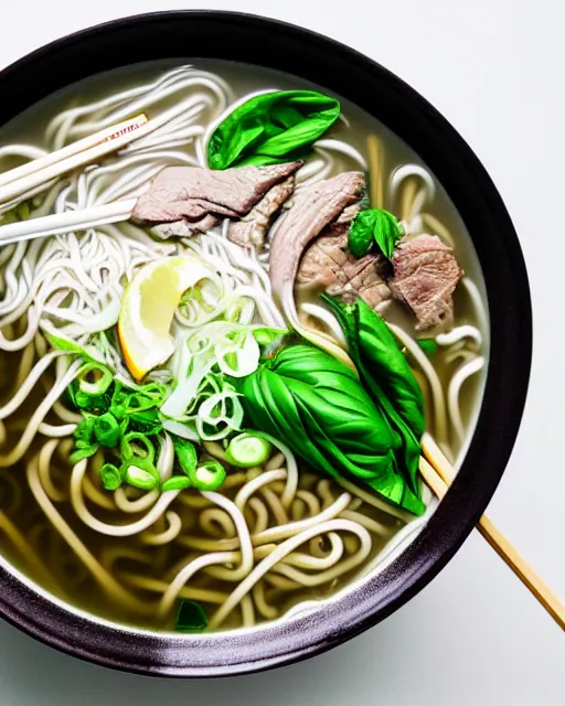 Image similar to realistic photo of delicious pho, ramen, bowl, white kitchen table, cloth, thai basil, highly detailed, by marc haydon, kailee mandel, masterpiece, award winning, food photography