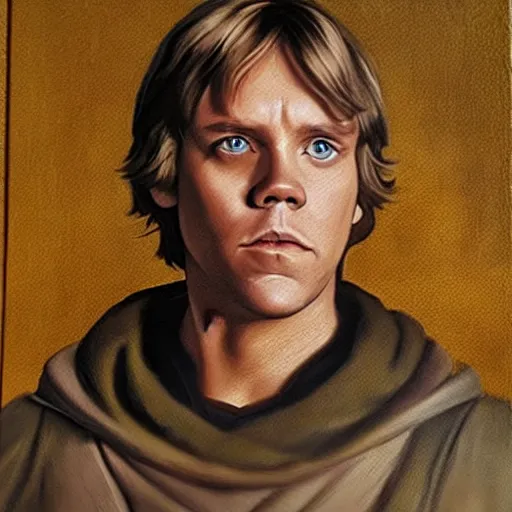 Prompt: a portrait painting of luke skywalker from star wars in a renaissance style hanging in a museum