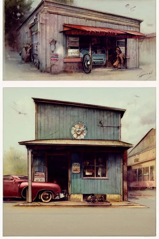 Image similar to (((((1950s small town mechanics shop with car out front. muted colors.))))) by Jean-Baptiste Monge !!!!!!!!!!!!!!!!!!!!!!!!!!!