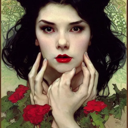 Prompt: portrait of a very very beautiful vampire by Stanley Artgerm Lau , greg rutkowski, thomas kindkade, alphonse mucha, loish, norman rockwell, J. C. Leyendecker. dark black hair, pale skin, detailed eyes, red lips, vibrant colour. Trending on artstation rule of thirds extremely detailed 1800s oil painting hd 4k