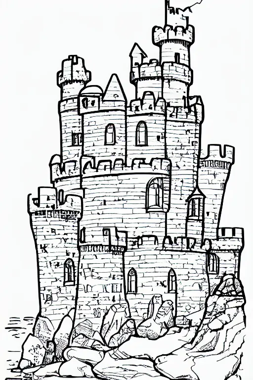 Image similar to an old castle on a seaside cliff coloring book, line art, simple, low detail