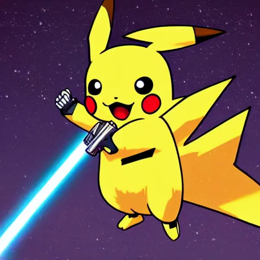 Prompt: Pikachu fighting with a lightsaber, digital art