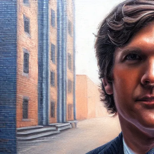 Prompt: a perfect, realistic professional oil painting in classicism style, of Tucker Carlson posing in a dystopian alleyway, close-up, by a really great American senior artist on ArtStation, a high-quality Hollywood-style concept