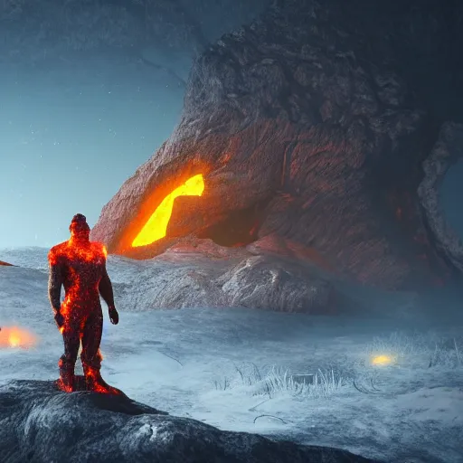 Prompt: a lava man on a winter biome, heatwave, golden hours, fantasy, golden ratio, hyper realism, behance, artstation, unreal engine 5, octane, deviantart