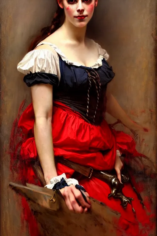 Image similar to solomon joseph solomon and richard schmid and jeremy lipking victorian genre painting full length portrait painting of a young beautiful woman traditional german french actress model pirate wench in fantasy costume, red background