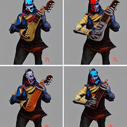 Image similar to a digital painting of a man wearing a mask playing a guitar, young handsome pale roma, grim dark jester from gwent cards, a character portrait by senior character artist, polycount, vanitas, sketchfab, speedpainting, zbrush