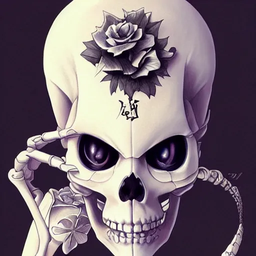 Prompt: anime manga skull portrait young woman skeleton, cuphead, unreal engine, intricate, elegant, highly detailed, digital art, art by JC Leyendecker and sachin teng