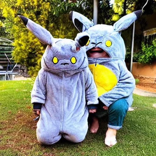 Prompt: totoro wearing a pikachu onsie