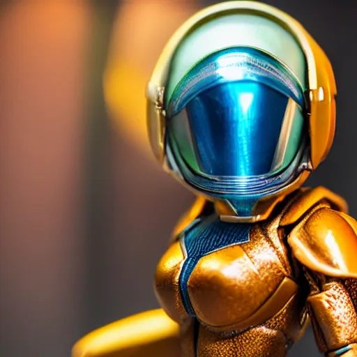 Prompt: helmet portrait of a figurine of samus aran's varia suit from the sci - fi nintendo videogame metroid. shallow depth of field. suit of armor.