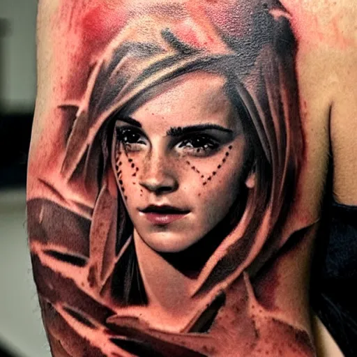 Prompt: man with tattoo of emma watson on arm back by greg rutkowski