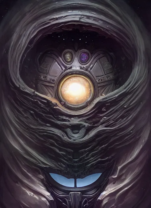 Prompt: cosmic black hole black crystal nebula mf doom planet eyes, cosmic horror quarter, centered, digital painting, artstation, concept art, smooth, sharp focus, illustration, artgerm, tomasz alen kopera, peter mohrbacher, donato giancola, joseph christian leyendecker, wlop, frank frazetta