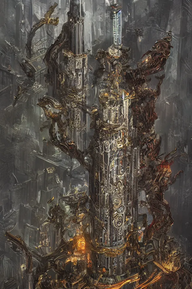 Prompt: Menacing tower, maximalist, high detail, 8k, ornate, dark fantasy, realistic, masterpiece, Trending on art station, complex, tarot card WLOP