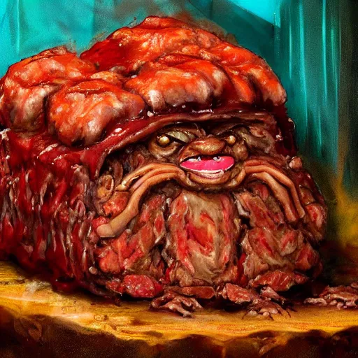 Image similar to insane crazy bloody red skrimp big chungus big eyes wide open, horrific sentient meatloaf, holding meatloaf, sloppy, gross, meatloaf, hyper realistic, terrifying, disturbing, strange, bizarre, masterpiece, meatloaf is everywhere,, liquid, 4 k, vivid colors, elegant, john park, frazetta, john howe, ruan jia, jeffrey catherine jones