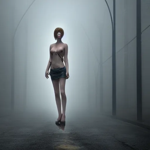 Image similar to supermodel in silent hill, 8 k, realistic, fashion photography