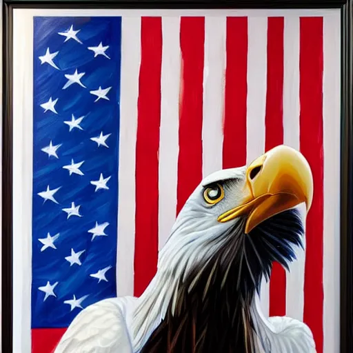 Image similar to alex ross painting crying bald eagle in front of american flag, proud, heroic