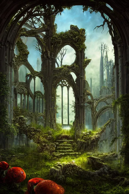 Prompt: a beautiful digital illustration painting of a detailed gothic fantasy ruins and roots, dark mushroom, flowers by benoit b. mandelbrot, steven belledin, martin johnson heade, lee madgwick, caspar david friedrich, and david rios ferreira. 8 k resolution trending on artstation concept art digital illustration