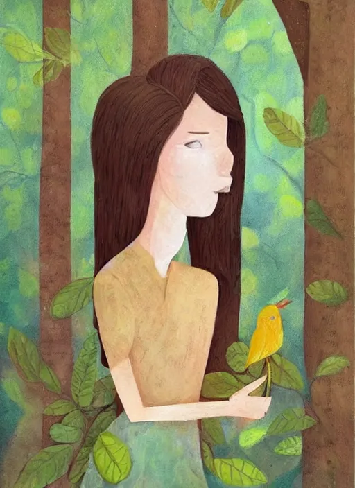 Image similar to a wonderful childrens illustration portrait painting of a woman with serene emotion, art by tracie grimwood, forest, trees, many leaves, birds, whimsical, aesthetically pleasing and harmonious natural colors