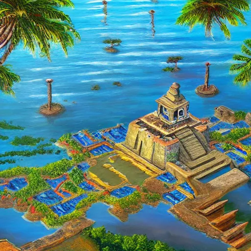 Prompt: an aztec city in a island lake, ultra detailed, high quality, artstation award winner, oil painting, digital painting, 8k, vibrant, ultra detailed water