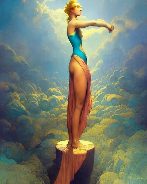 Image similar to beautiful woman floating in the most wonderful dream she ever had, coherent design, symmetrical, concept art, vivid color, complementary color, golden ratio, detailed, sharp lines, intricate, rainbowshift, by maxfield parrish, by peter mohrbacher, by gustave dore, by arthur rackham, deviantart, octane render