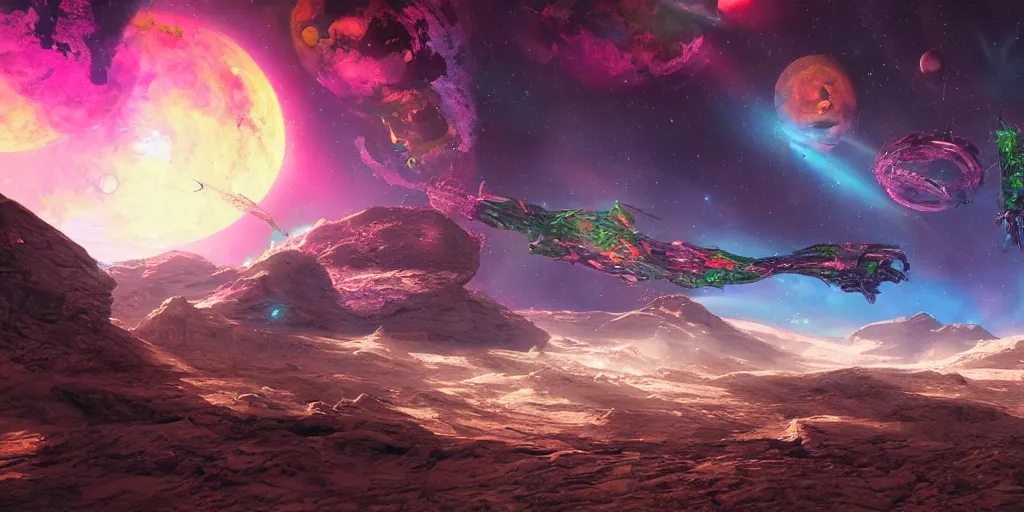 Image similar to a beautiful painting of an elaborate space sci - fi scene painted by lisa frank and giger, detailed, unreal engine, volumetric lighting, shadows, reflections