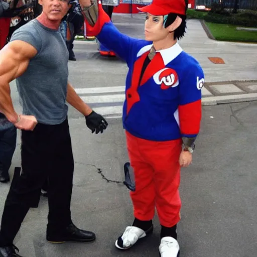 Image similar to Arnold schwarzenegger dressed up as Ash Ketchum, he is a pokemon trainer