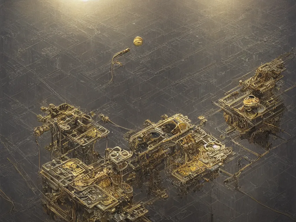 Prompt: A beautiful hyper realistic detailed painting electronic hybrid of two gigantic tall skyscaper sized quantum computers and an espresso machine on a vast black granite tarmac, cybernetic mushroom, gold and silver and brass, elite satisfying cable management, by Beksinski, beeple, unreal engine