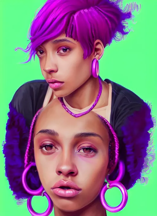 Image similar to portrait of teenage vanessa morgan with bright pink hair, black girl, curly pixie cut hair, wearing a purple breton cap, breton cap, hoop earrings, intricate, elegant, glowing lights, highly detailed, digital painting, artstation, concept art, smooth, sharp focus, illustration, art by wlop, mars ravelo and greg rutkowski