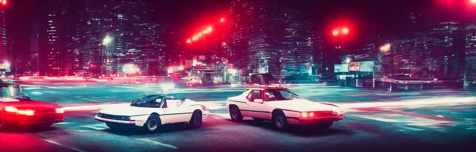 Prompt: two 80s sports cars one red and one white, racing on a deserted city street at night time, purple lighted street, wide angle, cinematic, retrowave vibes, grainy, soft motion blur, VHS Screencap