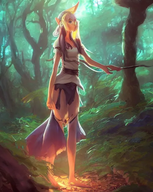 Image similar to an elven girl with a big skunk tail standing in the forest, atmospheric lighting. By Makoto Shinkai, Stanley Artgerm Lau, WLOP, Rossdraws, James Jean, Andrei Riabovitchev, Marc Simonetti, krenz cushart, Sakimichan, D&D trending on ArtStation, digital art.