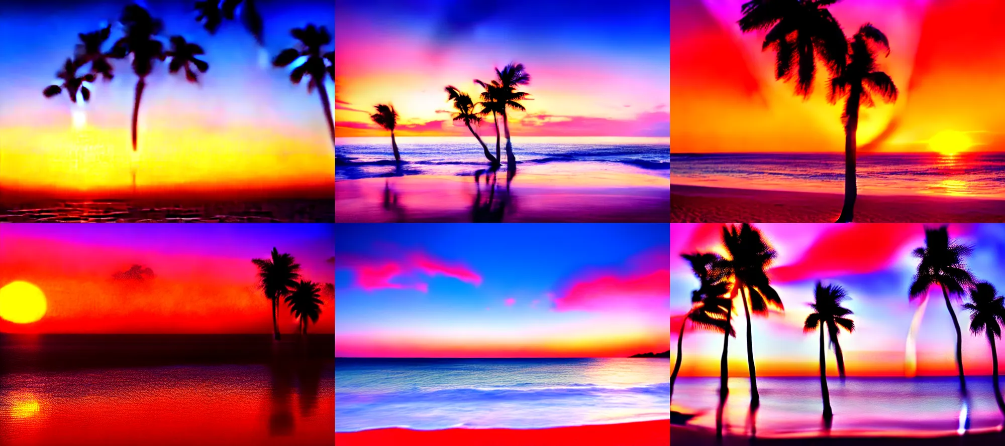 Prompt: Beach with ocean and palm trees at sunset, golden hour, crimson gradient