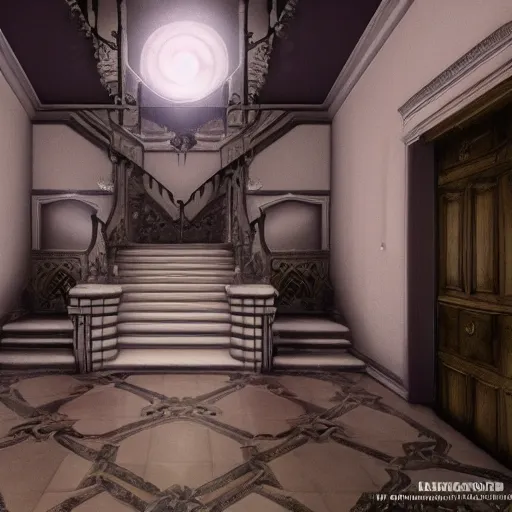 Image similar to inside a haunted mansion, large staircase, dark shadows, moonlight, realistic, unreal engine