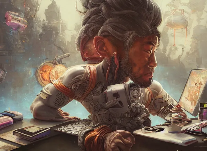 Image similar to an insanely detailed painting of an asian man wearing a homemade superhero costume, sitting at a desk, staring seriously at the computer and typing, in the style of peter mohrbacher, james jean, artgerm, dramatic lighting and composition, surreal background, octane render, pixar, trending on artstation, concept art, comic book, view from behind, 8 k