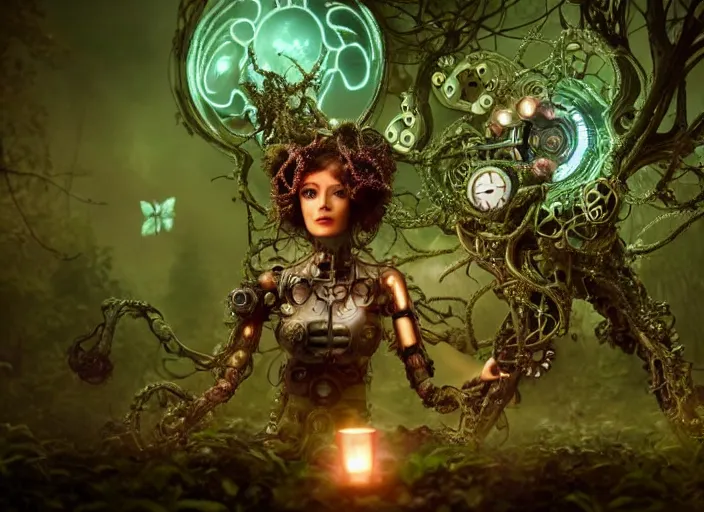 Image similar to intricate mechanical fairy with visible gears having tea with a cyborg gorgon medusa in a magical forest. Very detailed 8k. Fantasy cyberpunk horror. Sharp. Cinematic post-processing