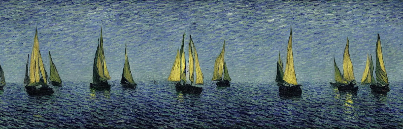 Image similar to An aesthetically pleasing, dynamic, energetic, lively, well-designed digital art of the sailboats on the ocean at night in a low mist, light and shadow, chiaroscuro, by Claude Monet and Vincent Van Gogh, superior quality, masterpiece, excellent use of negative space. 8K, superior detail.