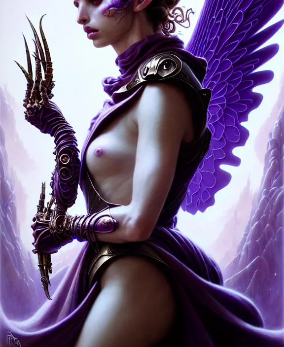 Image similar to beautiful fantasy character portrait, ana de armas, ultra realistic, wide angle, intricate details, the fifth element artifacts, tesseracts, highlights of purple, highly detailed by peter mohrbacher, hajime sorayama, wayne barlowe, boris vallejo, paolo eleuteri serpieri, dishonored 2, white gown, angel wings