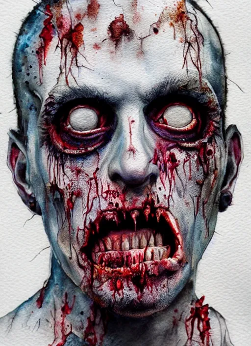 Prompt: zombie hollywood professional acting headshot, hyperrealism, intricate detailed, studio lighting, charming expression gesicht, hauntingly beautiful zombie, watercolor art, drawn and painted, colored layers, dulled contrast, exquisite fine art, splatterpaint